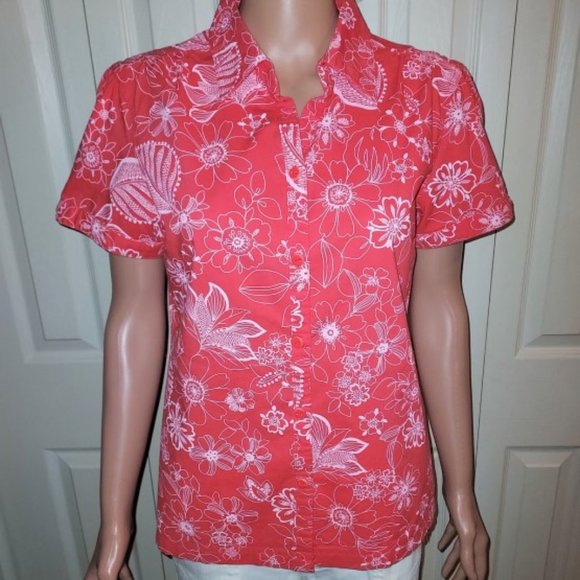 IB Diffusion Coral/White Floral Short Sleeve Button Up Blouse Size S NWOT - Picture 2 of 7